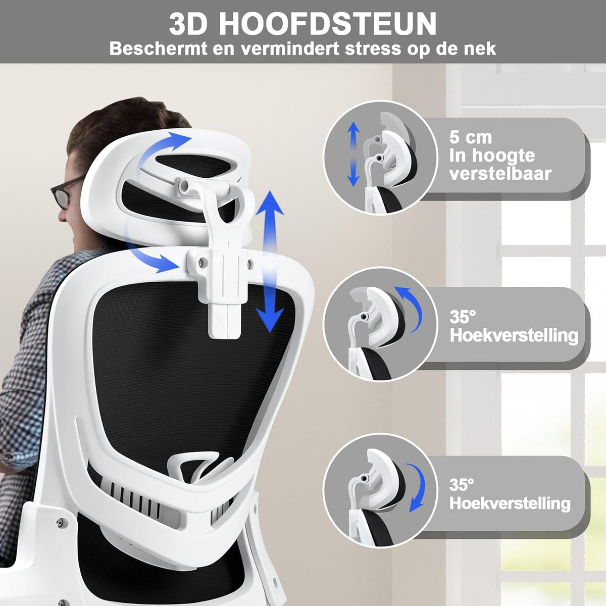 Ergonomische Bureaustoel – Bureaustoel Met Lendensteun – Bureaustoel Met Verstelbare Armleuningen – Kantoorstoel – Mesh Stoel – Verstelbare Hoofdsteun – Ademend Mesh Kussen – 150 KG Draagvermogen