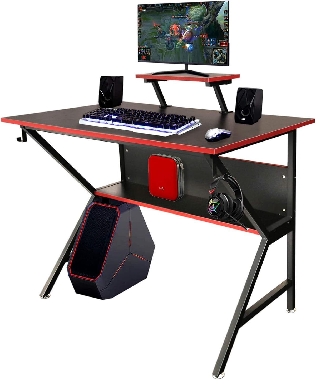 Lavievert Ergonomische Gaming Bureau K Vormige Home Office PC Computer Tafel Gamer Werkstation met Verstelbare Monitor Stand & Opslag Plank