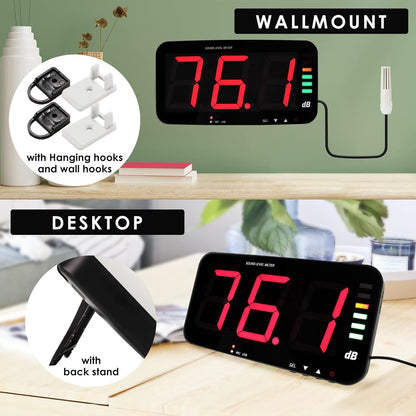 Decibel geluidsniveaumeter om op te hangen aan de muur, geluidsniveaumeter met 16,4 voet geluidssensor, akoestisch en visueel alarm geluidsmeter voor het bewaken van het niveau van