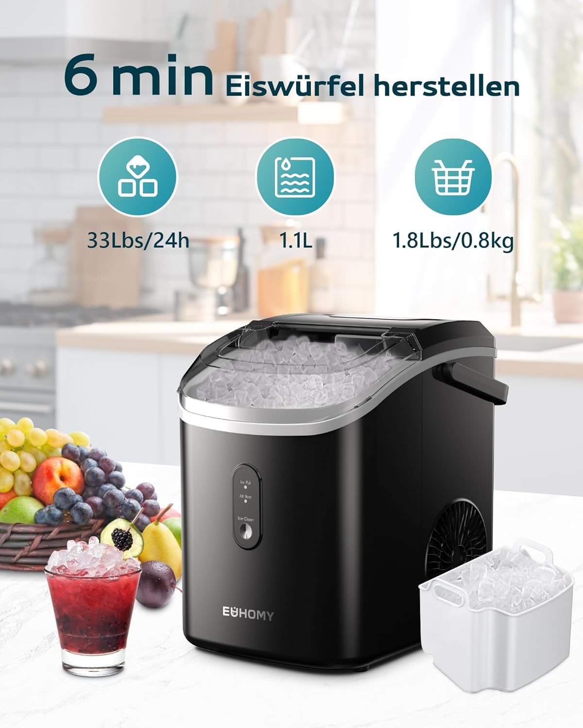 EUHOMY IJsblokjesmachine, 15 kg/24 uur, productie in 6 minuten, crushed ice maker, nuggets Ice, automatische reiniging, 120 W tafel-ijsblokjesmachine, infraroodsensor, energiezuinig, zwart