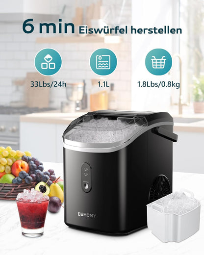 EUHOMY IJsblokjesmachine, 15 kg/24 uur, productie in 6 minuten, crushed ice maker, nuggets Ice, automatische reiniging, 120 W tafel-ijsblokjesmachine, infraroodsensor, energiezuinig, zwart