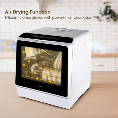 HAVA Tabletop dishwasher, mini dishwasher with 6 programs and built-in 5 litre water tank, no connection required, baby supplies and air drying function for homes and motorhomes