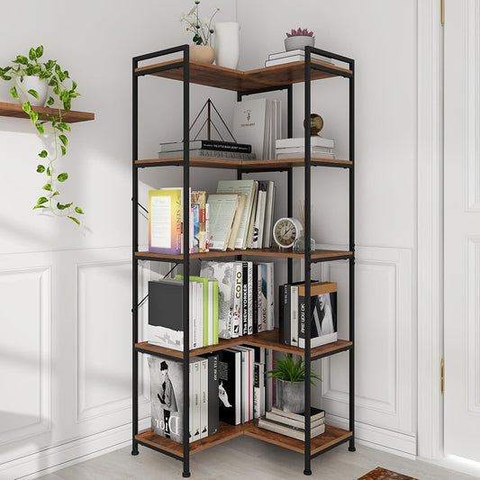 VEDECASA 5 tiers corner bookshelf 5 layers deformable corner bookcases industrial freestanding bookshelf storage display rack with metal frame for living room home bedroom home office - QUORE