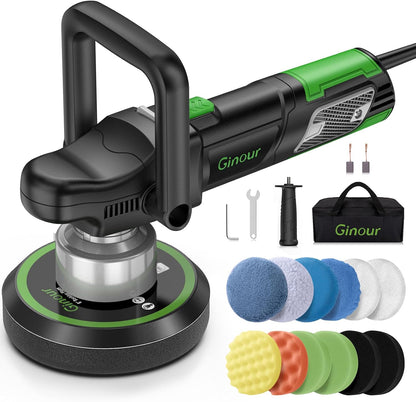 Ginour 900 W excentrische polijstmachine, 6 snelheden, 5x 150 mm polijstspons, afneembare hand- & zijgreep, 3 m kabel, auto, boot, motorfiets