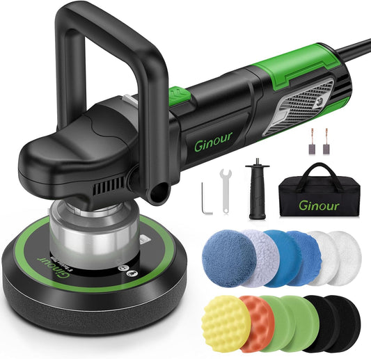 Ginour 900 W excentrische polijstmachine, 6 snelheden, 5x 150 mm polijstspons, afneembare hand- & zijgreep, 3 m kabel, auto, boot, motorfiets