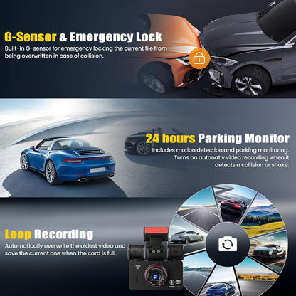 Dashcam Auto – Autocamera – Dashboardcamera – Rijcamera – Camera Voor Auto – 4-Kanaals 2K Voor En Achter – 3 Inch Touchscreen Met Wifi App