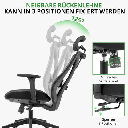 Ergonomische Bureaustoel Voor Volwassenen – Office Chair – Werkstoel – Bureaustoel Zwart – Bureaustoel Met Hoofdsteun – Volledig Verstelbaar – EN-1335 Gecertificeerd