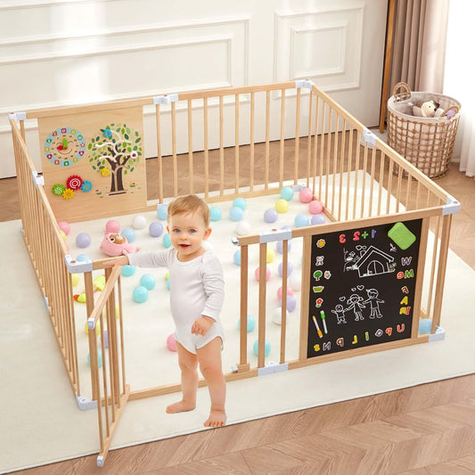 Wooden Baby Playpen with Door, Interchangeable & Expandable Play Gate for Toddlers, Wooden Playpen for Kids with Chalk Whiteboard & Montessori Games (66cm High 8-Panel) - QUORE