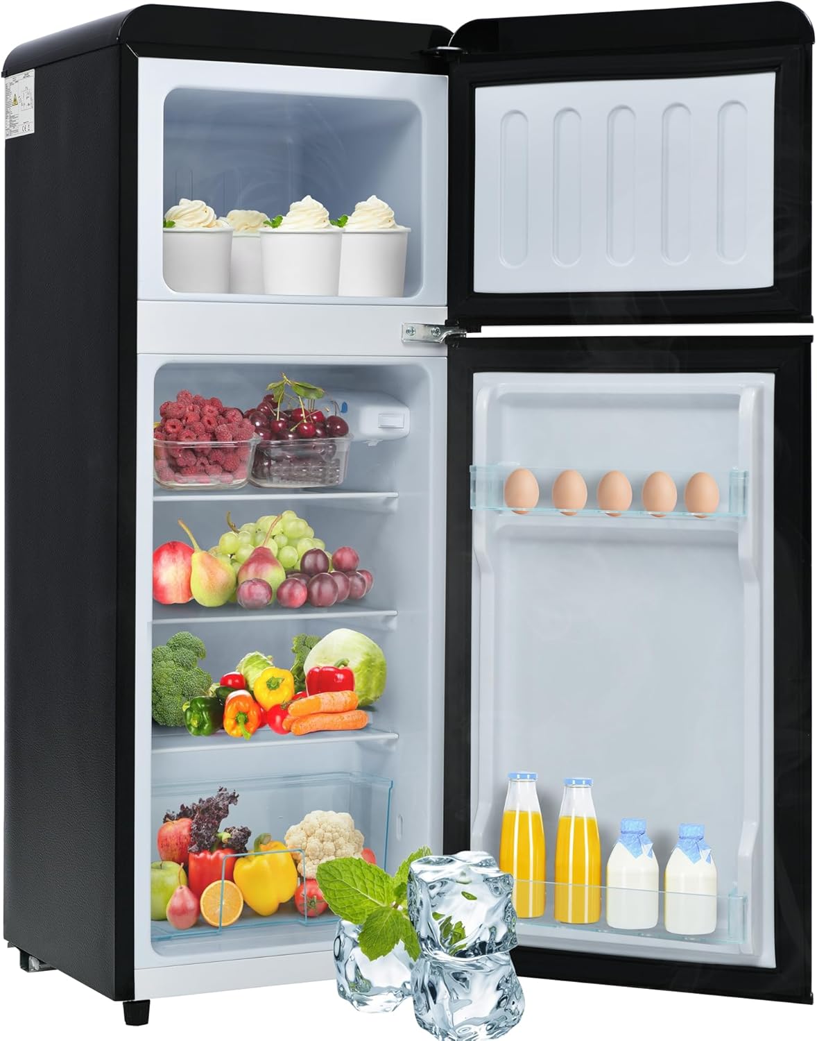 Retro Fridge-Freezer 92L with 28L Freezer Compartment, D Energy Class, Two-Door Design for Kitchen/Living Room, Compact 105.5 cm High, 7 Temperature Levels, R600a Refrigerant - QUORE