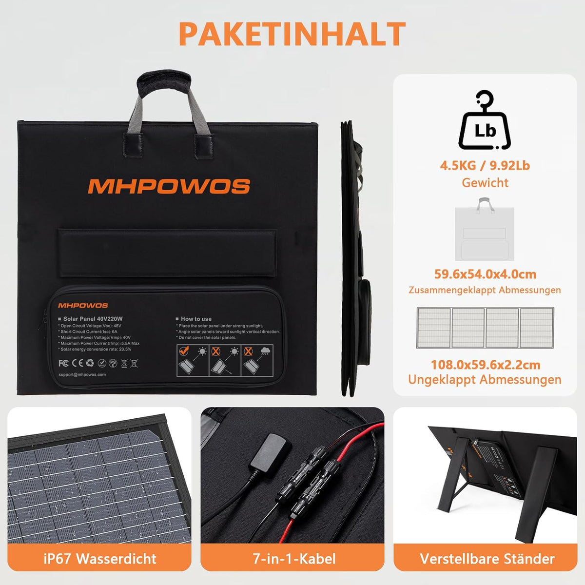 Draagbaar zonnepaneel, 110 W, IP67 waterdicht, opvouwbaar zonnepaneel, kit met 20 V uitgang, 23,5% rendement module voor outdoor, camping, draagbaar powerstation, laptops, campers, campers