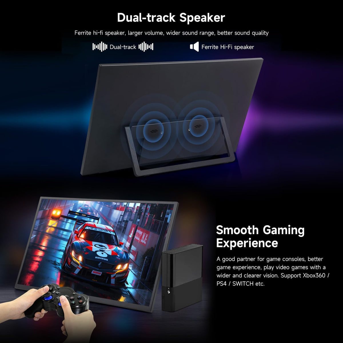 LUCKFOX 18.5" Portable Monitor with Stand - Plug and Play Ultra Thin/Light USB-C HDMI Second Monitor 1080P FHD 178° Viewing 120Hz Dual-Track HiFi Speaker for Raspberry Pi/Jetson/PC/Game Console/Phone - QUORE
