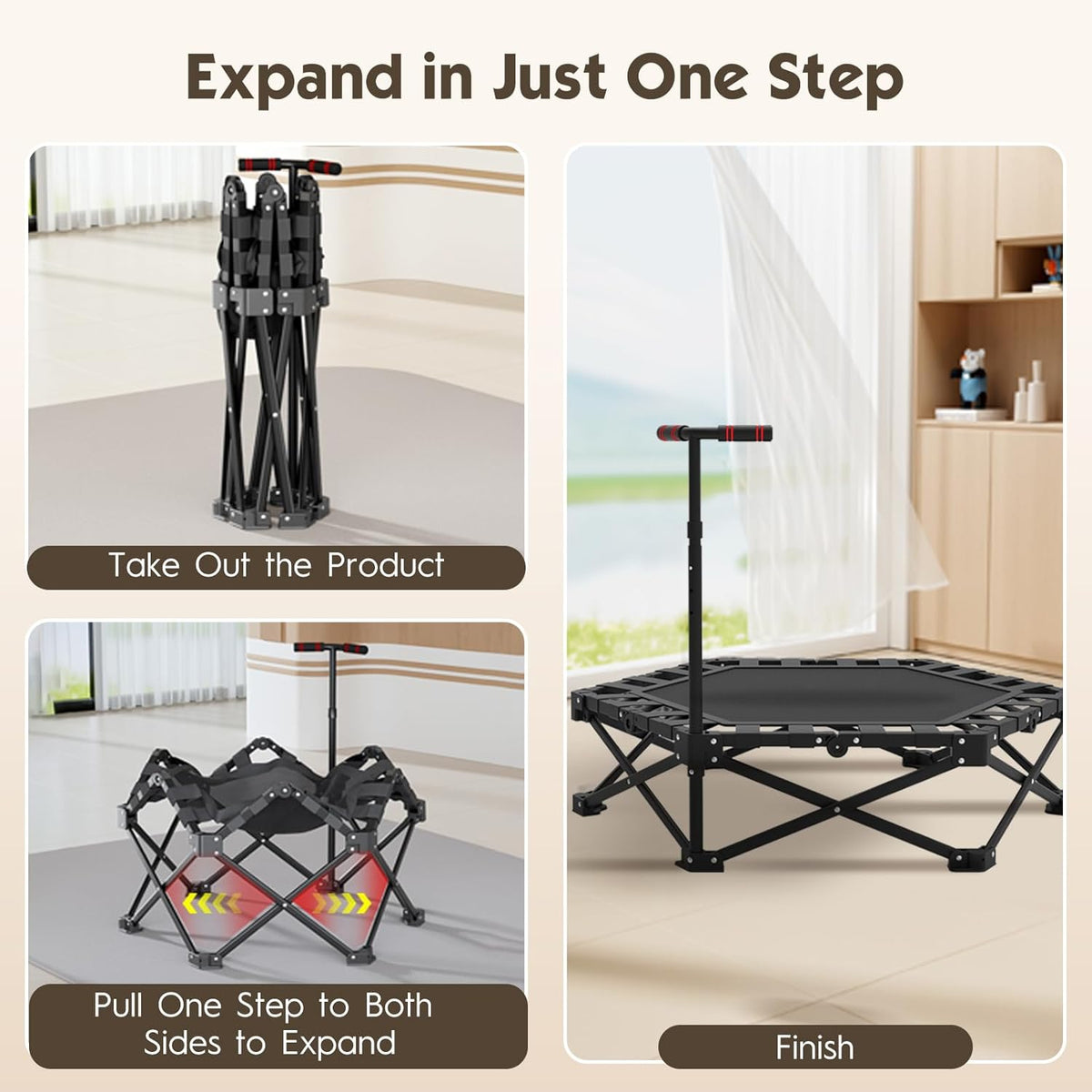 Fitness trampoline indoor 106 cm, inklapbaar met verstelbare handgreep, stabiele en stille rebounder voor kinderen en volwassenen, tot 600 kg statische belasting, 115 cm hoog