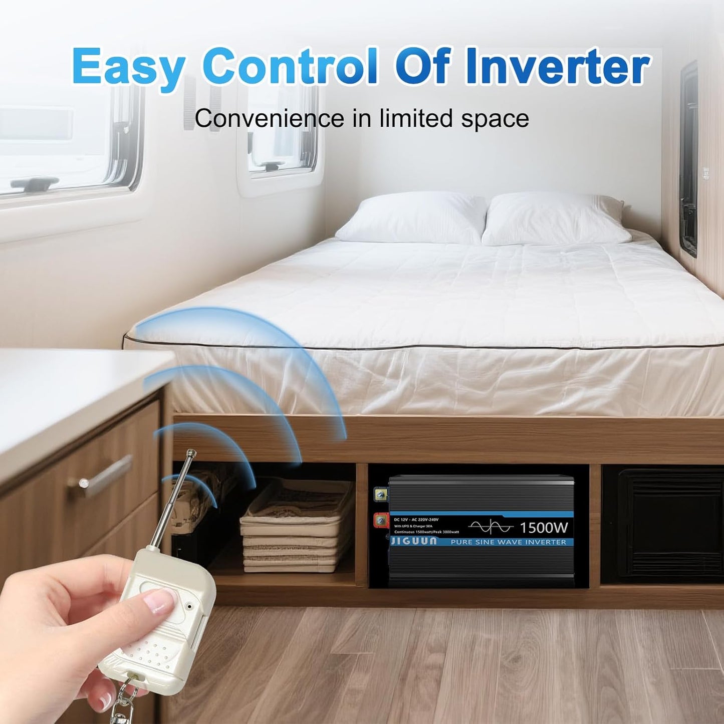 JIGUUN 1500W omvormer 12v naar 230v zuivere sinus met 30A lader en net prioriteit circuit en UPS, 2 EU-stopcontacten, draadloze afstandsbediening en LCD-display piekvermogen 3000W