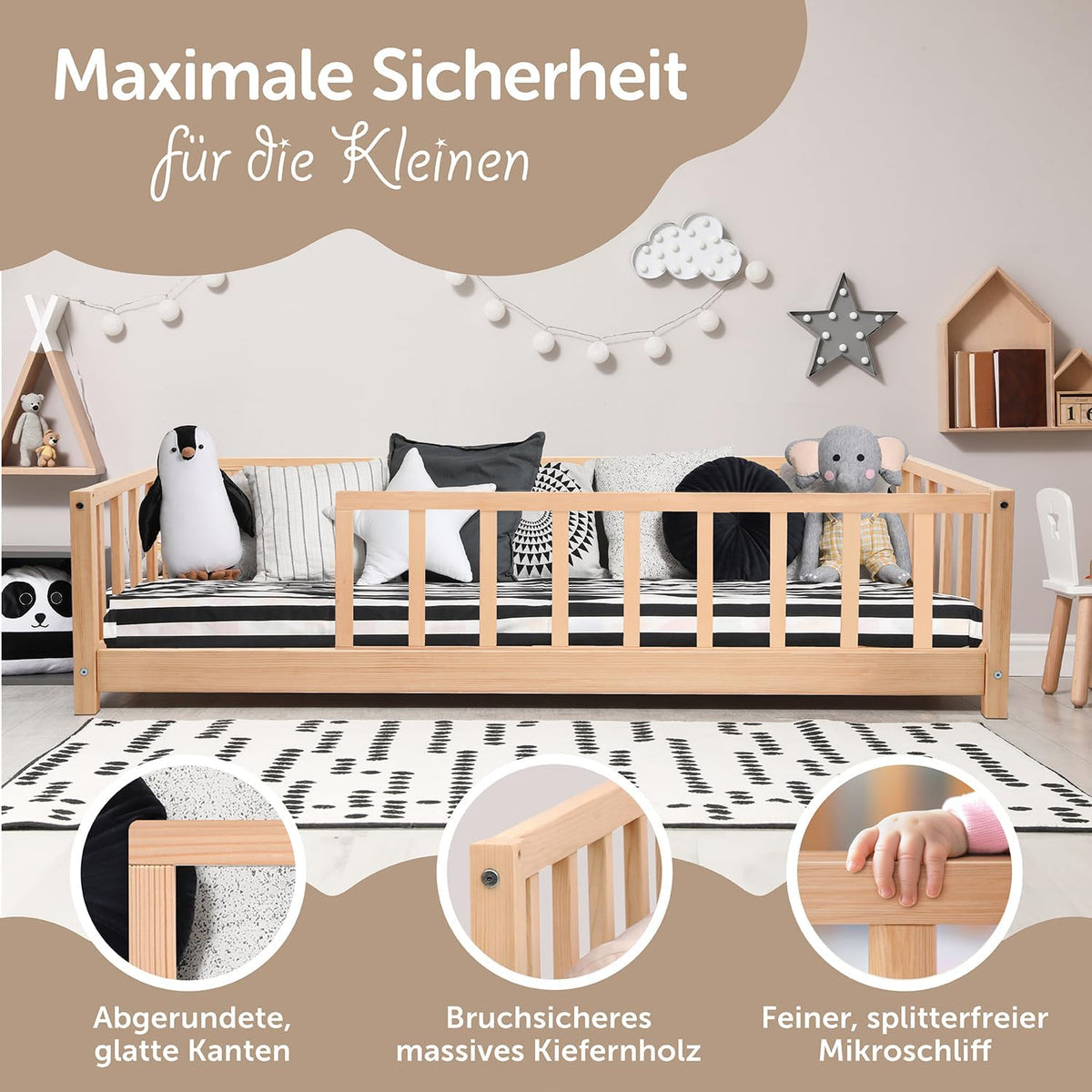 Vloerbed 140x200 met valbescherming incl. lattenbodem voor jongens en meisjes - ook als kinderbed 90x200 - duurzaam kinderbed van grenenhout - Montessori bed (natuur, 140 x 200 cm)