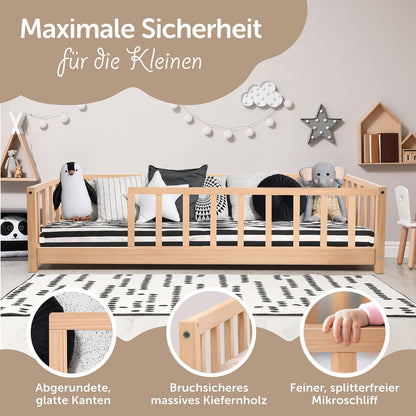 Vloerbed 140x200 met valbescherming incl. lattenbodem voor jongens en meisjes - ook als kinderbed 90x200 - duurzaam kinderbed van grenenhout - Montessori bed (natuur, 140 x 200 cm)