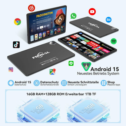 FEONAL 11 Inch Android 15 Tablet Octa-Core 16GB RAM 128GB ROM+1TB, 13MP+8MP Camera, 5G WiFi & Bellen, Met Muis/Toetsenbord/Pen