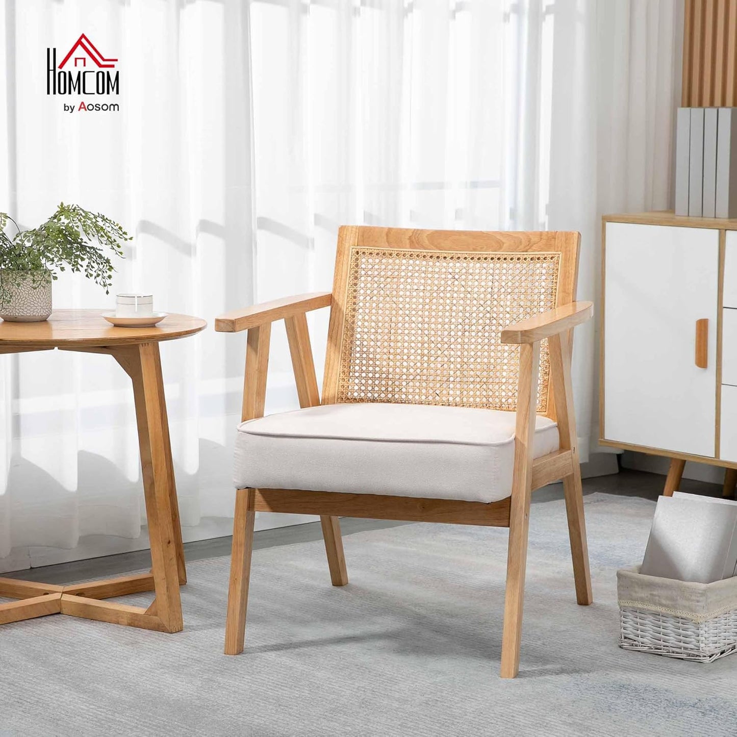 HOMCOM Sessel Wohnzimmer Relaxsessel mit Armlehnen, Sitzkissen, Loungesessel mit Rattan-Rückenlehne, Lesesessel mit Leinen-Optik, Holzrahmen, Polstersessel für Schlafzimmer Creme - QUORE