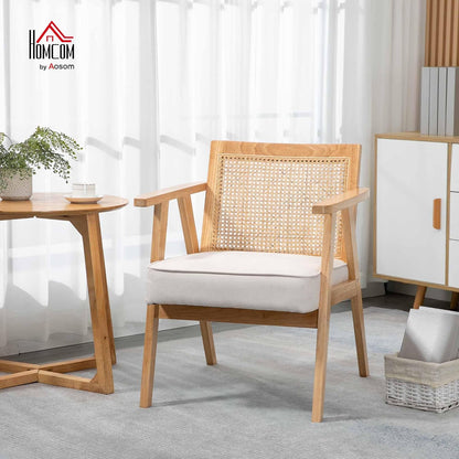 HOMCOM Sessel Wohnzimmer Relaxsessel mit Armlehnen, Sitzkissen, Loungesessel mit Rattan-Rückenlehne, Lesesessel mit Leinen-Optik, Holzrahmen, Polstersessel für Schlafzimmer Creme - QUORE