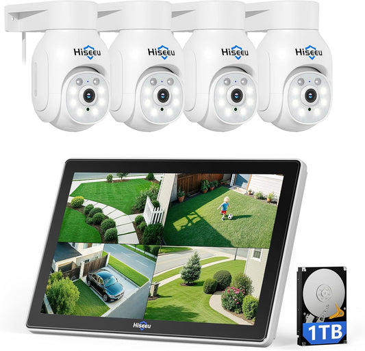 Hiseeu 【PTZ+10CH Monitor 3MP PTZ draadloos beveiligingscamerasysteem met 10 HD-monitor, 10CH 5MP NVR met 1 TB HDD, 4 STKS 360 ° PTZ-camera's Outdoor WiFi, Kleur Nachtzicht, 2-weg audio, APP & PC-afstandsbediening