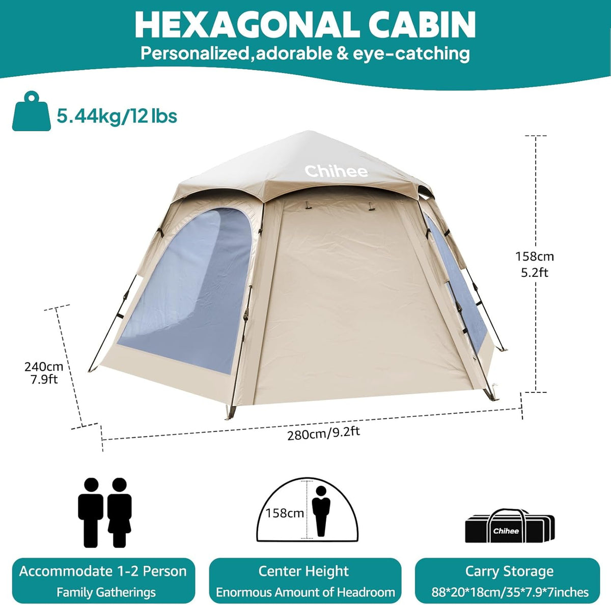 Chihee Pop-up-tent, stand-up tent, familietent met veranda voor 3 personen, outdoortent met groot scherm, waterdicht en winddicht, eenvoudig te monteren, reizen