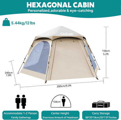 Chihee Pop-up-tent, stand-up tent, familietent met veranda voor 3 personen, outdoortent met groot scherm, waterdicht en winddicht, eenvoudig te monteren, reizen