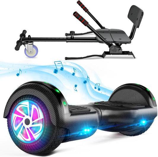 Hoverboard met zitting, 6,5 inch hoverboard met twee wielen met Bluetooth-luidspreker en kleurrijke lichten, zelfbalancerende scooter voor kinderen (inclusief Go-Kart inbegrepen)