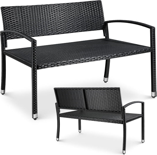 Tuinbank - Buitenbank - Terrasbank - Balkonbank - 2-zitsbank - met Staal Frame - Armsteunen - Tuinmeubelen - voor Tuin - Terras - Balkon - Polyrotan - 122 x 60 x 85 cm - Zwart
