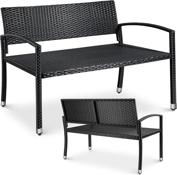 Tuinbank - Buitenbank - Terrasbank - Balkonbank - 2-zitsbank - met Staal Frame - Armsteunen - Tuinmeubelen - voor Tuin - Terras - Balkon - Polyrotan - 122 x 60 x 85 cm - Zwart