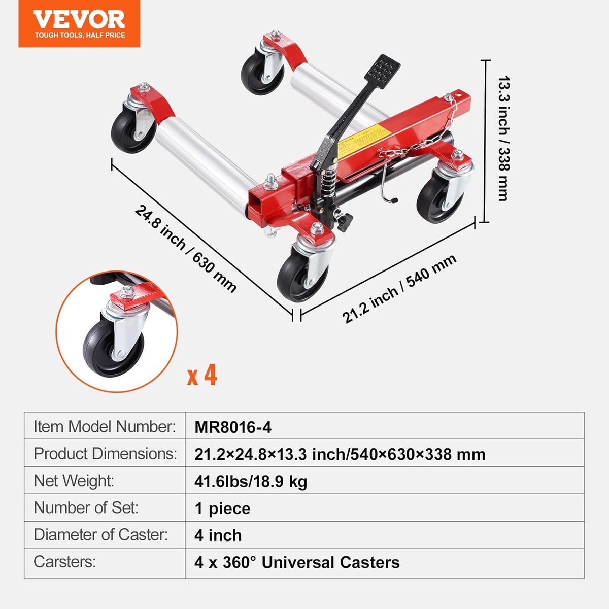 VEVOR 680 kg krik voor auto's, 360 graden draaibare wielen, hydraulische krik voor zware voertuigen, reparatie, verhuizing