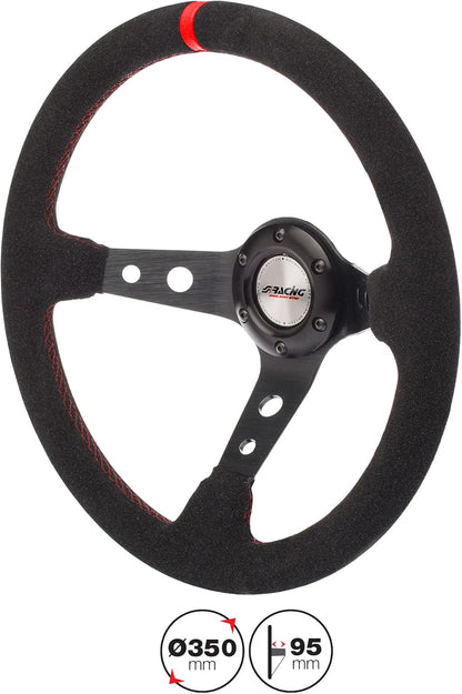 Universeel Sportstuur – Sportief Stuurwiel – Racen Stuur – Auto Stuur – Zwart Suède Stuur – 350mm Diameter – Rode Stiksels