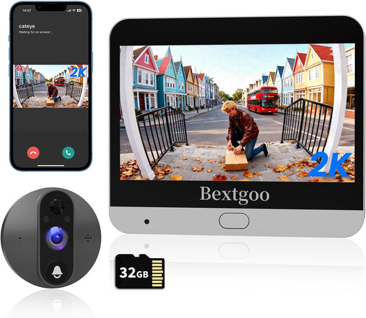 Deurspion camera, 2K digitale deurspioncamera, WLAN met 4,3 inch kleurenscherm met 32 GB geheugenkaart, 8000 mAh accu, 170 graden groothoek, AI-intelligente detectie, app-alarm
