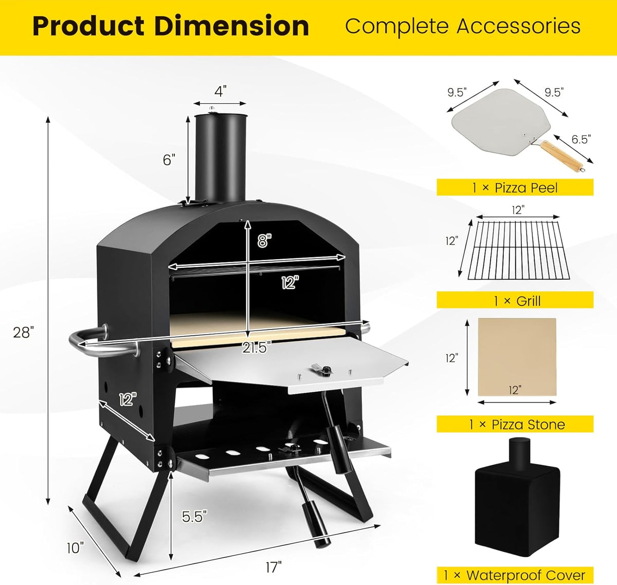 FANTASK Pizzaoven 2-laags met grillrooster, outdoor pizzaoven, pizzasteen & inklapbare poten, pizzaschep, waterdichte afdekking
