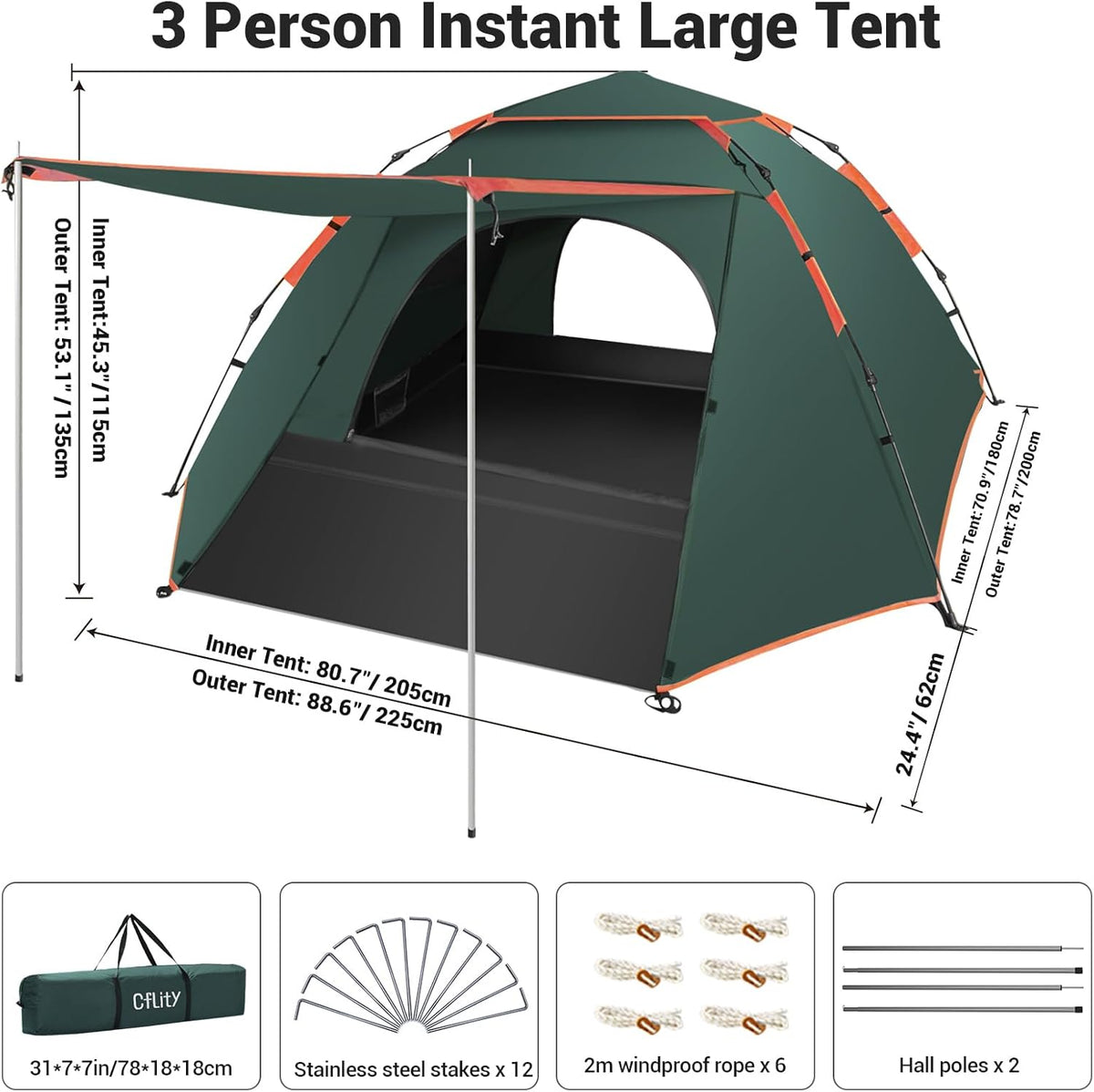 Campingtent, 3 man pop-up tent, automatische instant drielaagse waterdichte 4 seizoenen grote koepeltent en schuilplaatsen met verlengde vloermat veranda 2 halstokken verwijderbare regenvlieg