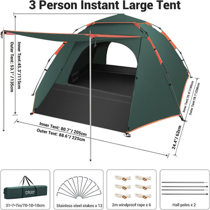 Campingtent, 3 man pop-up tent, automatische instant drielaagse waterdichte 4 seizoenen grote koepeltent en schuilplaatsen met verlengde vloermat veranda 2 halstokken verwijderbare regenvlieg