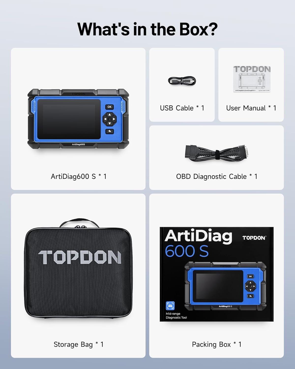 TOPDON ArtiDiag600S OBD2-codelezer, autodiagnosetool voor 4 systemen: motor/ABS/airbag/AT, 8 resetfuncties voor olie/rem/SAS/BMS/ABS/DPF/TPMS/gasklep, levenslange gratis update