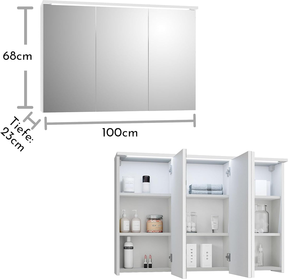 Stella Trading TWO Spiegelkast met ledverlichting in wit, badkamerspiegelkast met veel opbergruimte, 100 x 68 x 22,5 cm (b x h x d) - QUORE