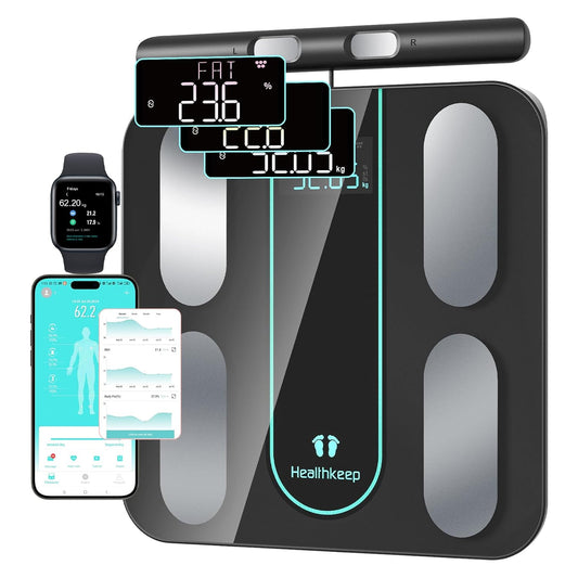 Healthkeep Personenweegschaal, verbonden impedantiemeter, met 8 zeer nauwkeurige elektroden, 21 lichaamsgegevens, BIA-meting, dubbele frequentie, met app voor Andriod en iOS, max. 180 kg/400 lb/28 st