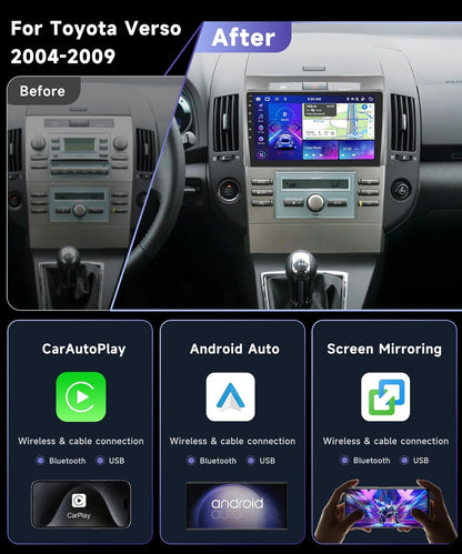 【6G+128G 8-Core】Podofo 9" autoradio Bluetooth voor Toyota Corolla Verso AR10 2004-2009 Carplay Android Auto Wireless, WiFi GPS Navi RDS/FM DSP, Android 13 radio 2 din met AHD achteruitrijcamera