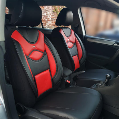 BREMER SITZBEZÜGE Autostoelhoezen van kunstleer, compatibel met VW Golf 6, bestuurder en passagiers vanaf 2008-2013, textielleer, set autostoelhoezen, set van 2 stuks in zwart/rood