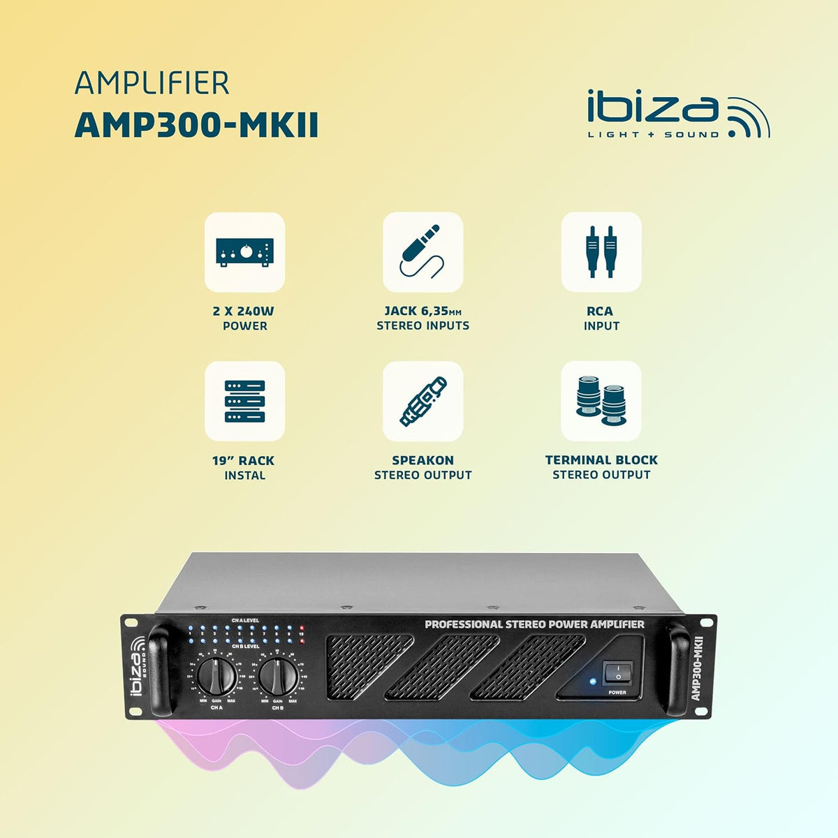 Ibiza - AMP300-MKII - Professionele PA-versterker 2x240W met RCA/Jack ingangen en Speakon/Borne uitgangen - 19" Rekbaar - Zwart