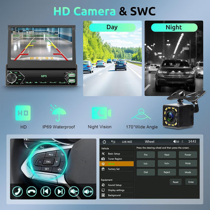 Autoradio, 1 Din met draadloze Carplay Android auto, 7 inch IPS HD, handmatige flip-touchscreen-radio, ondersteuning Bluetooth Link spiegel, DAB FM 2 USB Type-C stuurwielbedieningselementen