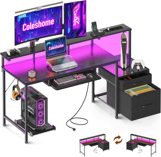 Colsehome Bureau met Laden, 140x48cm Omkeerbaar Computer Bureau met Stopcontact & USB, Gaming Tafel LED Licht, Toetsenbordlade & Monitorstandaard voor Kantoor, Slaapkamer (Zwart)