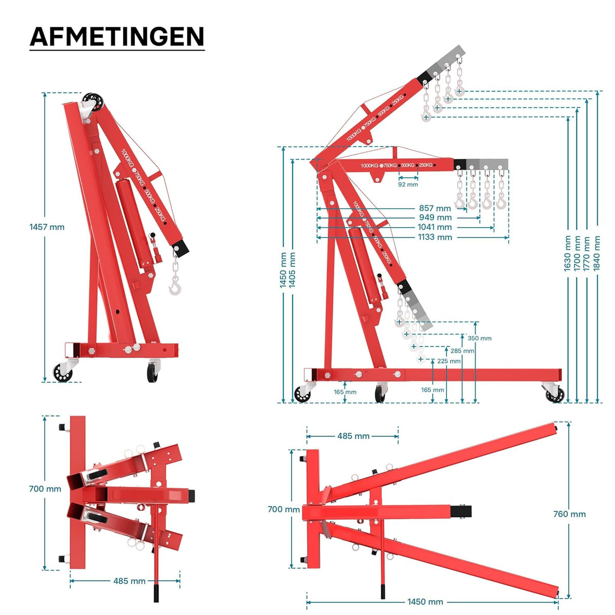 Workshop crane for loads up to 1000 kg collapsible crane arm 857-1135 mm motor block valve motor crane