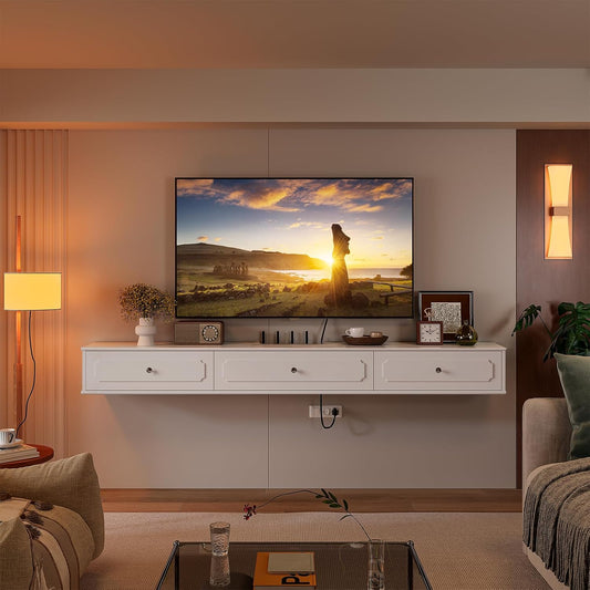 Retro drijvende tv-console met 3 deuren, 47" hoogglans drijvende tv-standaard, wandgemonteerde tv-kast, hedendaagse drijvende mediaconsole voor onder tv-opslag, woonkamer, slaapkamer (wit)