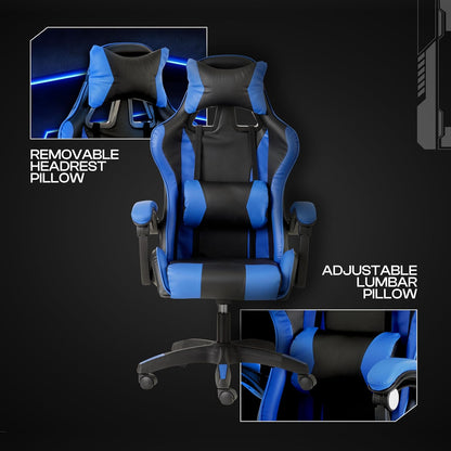 Baroni Home Gamingstoel, ergonomische bureaustoel met verstelbare rugleuning, hoofdsteun en blauwe lendensteun