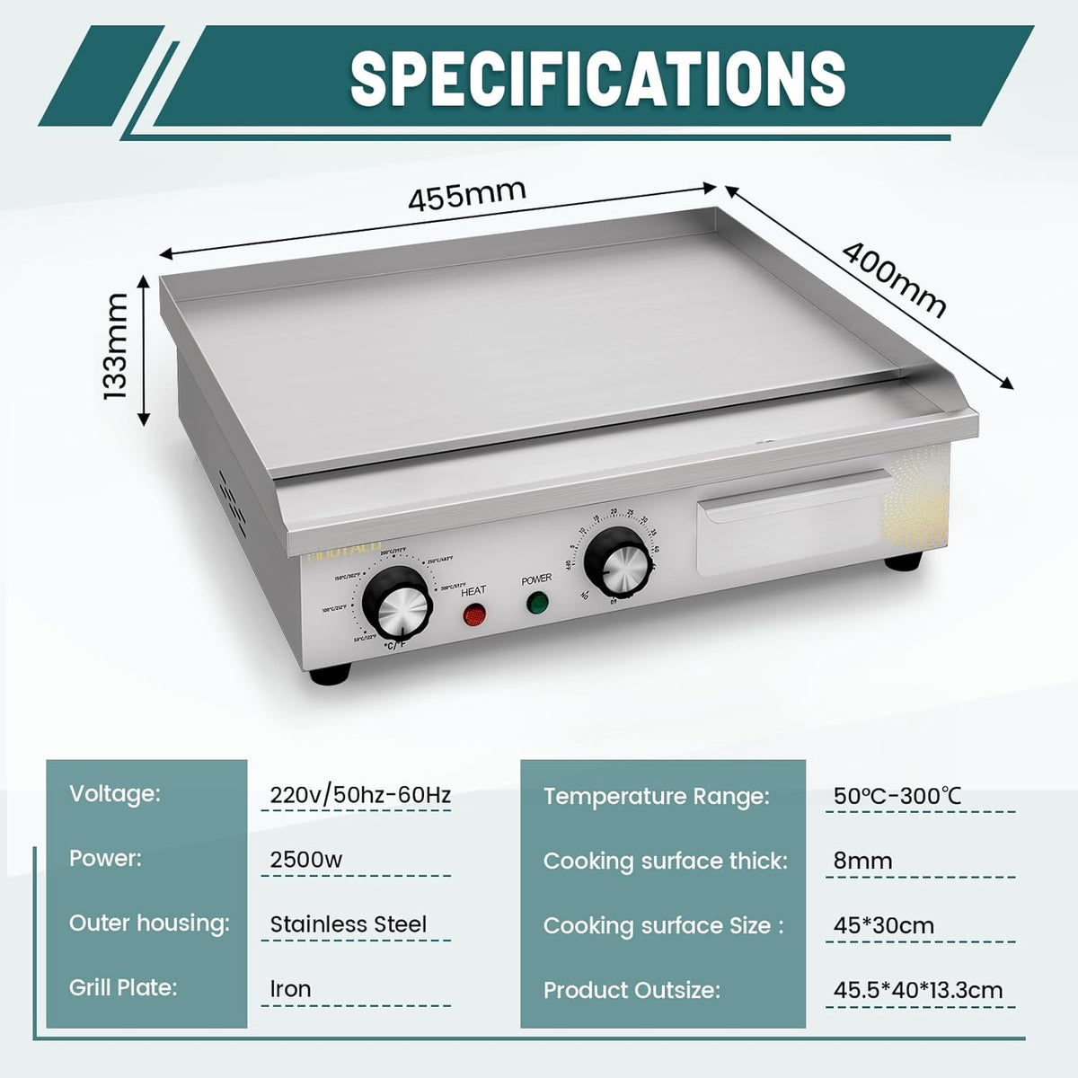 Elektrische grillplaat, professionele gastro elektrische grillplaat met 45 cm grilloppervlak, tafelgrill met timer