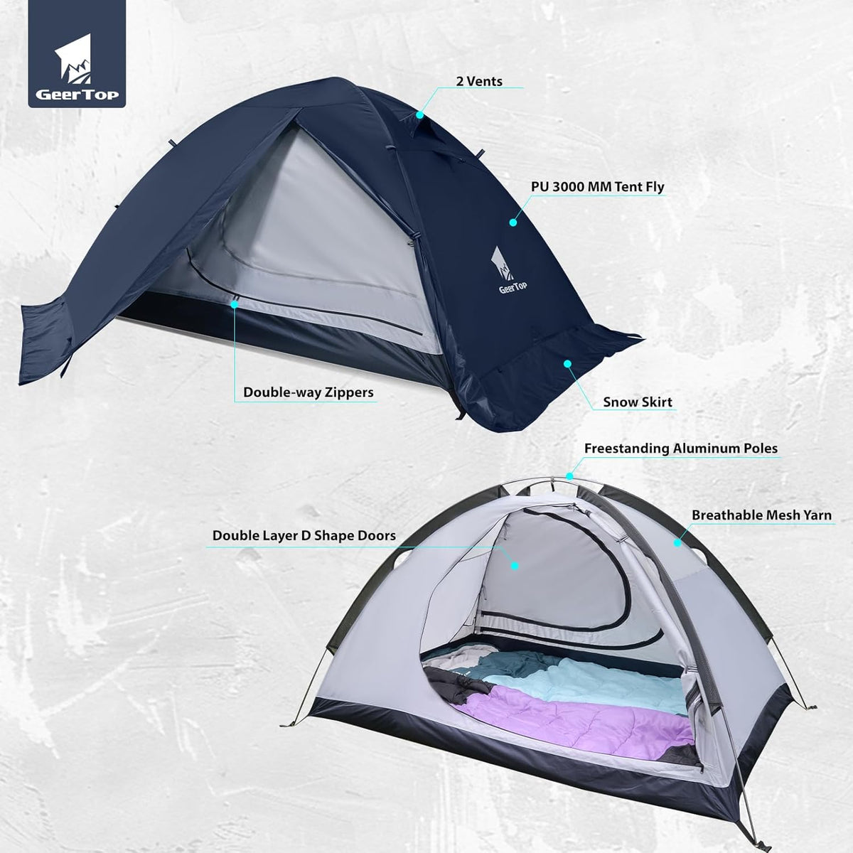 GEERTOP 4 Seizoen 2 Persoon Waterdichte Koepel Backpacken Tent voor Camping Wandelen Reizen Klimmen - Gemakkelijk Opzetten