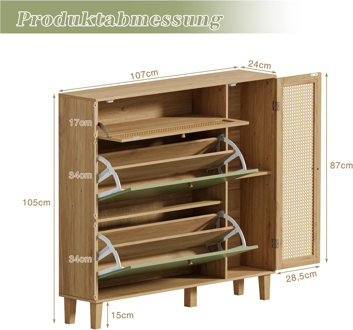 Schoenenkast – Schoenenrek – Entreekast – Opbergkast – Schoenopberger – Groen en Naturel – Compact 24 cm Diep – Verstelbaar Binnenrek