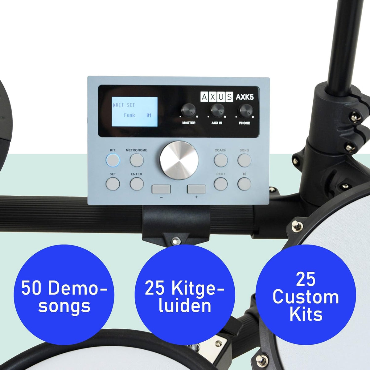 Axus AXK5 Elektronisch Drumstel - Complete Set met Mesh Heads, 25 Geluiden, USB MIDI, Koptelefoon, Kruk & Stokken Inbegrepen - Perfect voor Beginners Volwassenen Kinderen Thuis Oefenen