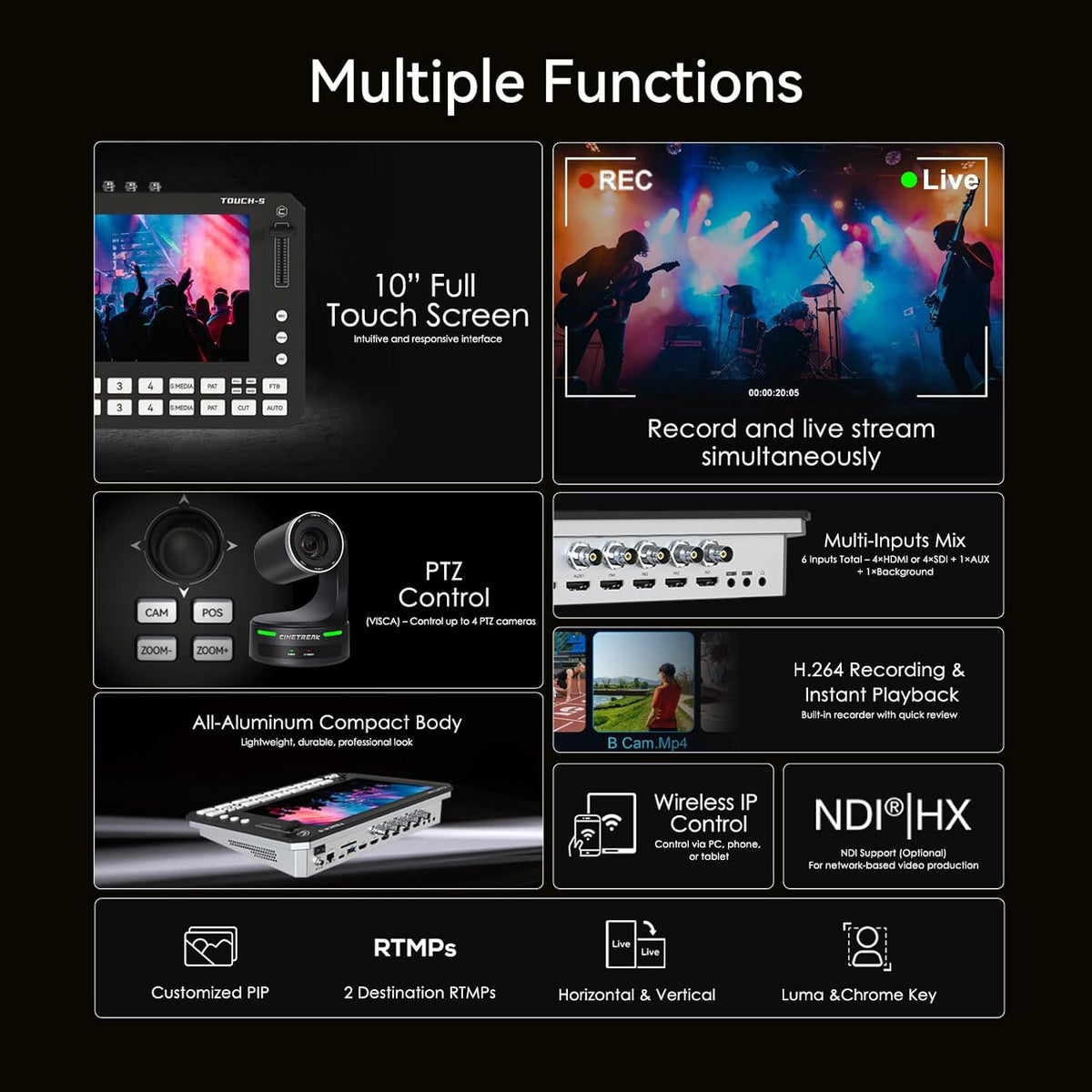 Videoswitcher – Videomixer – Livestream Switcher – Multicam Schakelaar – Broadcast Mixer – 6-Kanaals HDMI/SDI – 10,1 Inch Touchscreen Met PTZ-Camerabediening En Multi-View Monitoring
